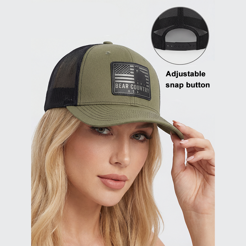 Custom Embroidery Leather Patch Snap Back Mesh Back Ball Caps R112 Trucker Hats Trucker Cap