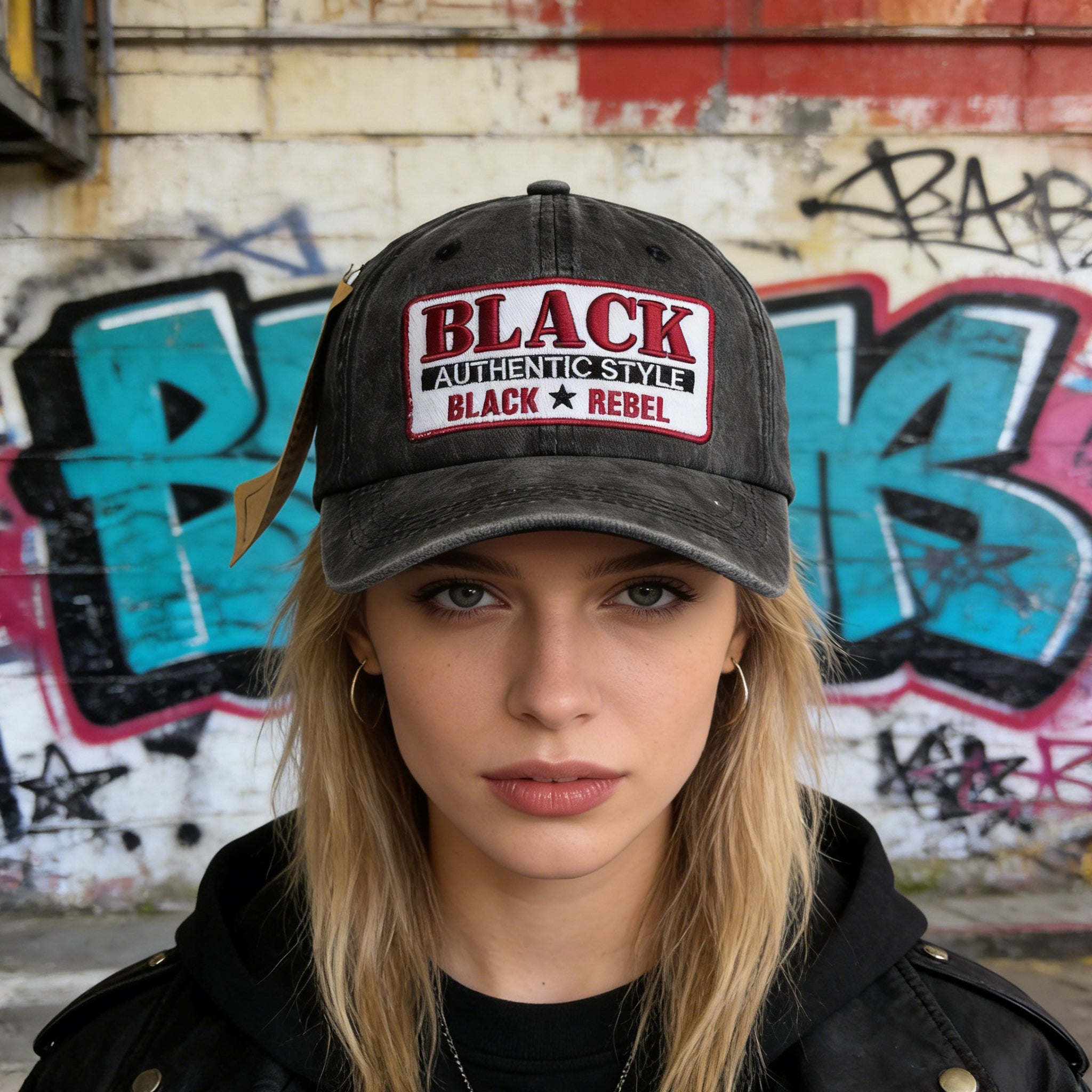 Vintage Washed Denim "BLACK REBEL" Embroidered Adjustable Distressed Street & Daily Wear Baseball Hat Cap