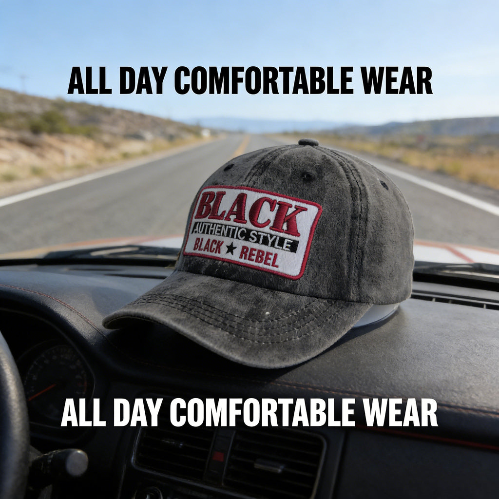 Vintage Washed Denim "BLACK REBEL" Embroidered Adjustable Distressed Street & Daily Wear Baseball Hat Cap