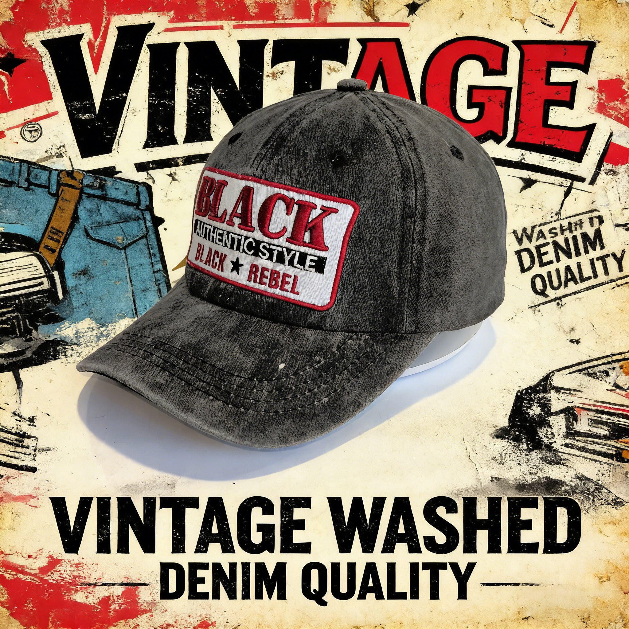 Vintage Washed Denim "BLACK REBEL" Embroidered Adjustable Distressed Street & Daily Wear Baseball Hat Cap