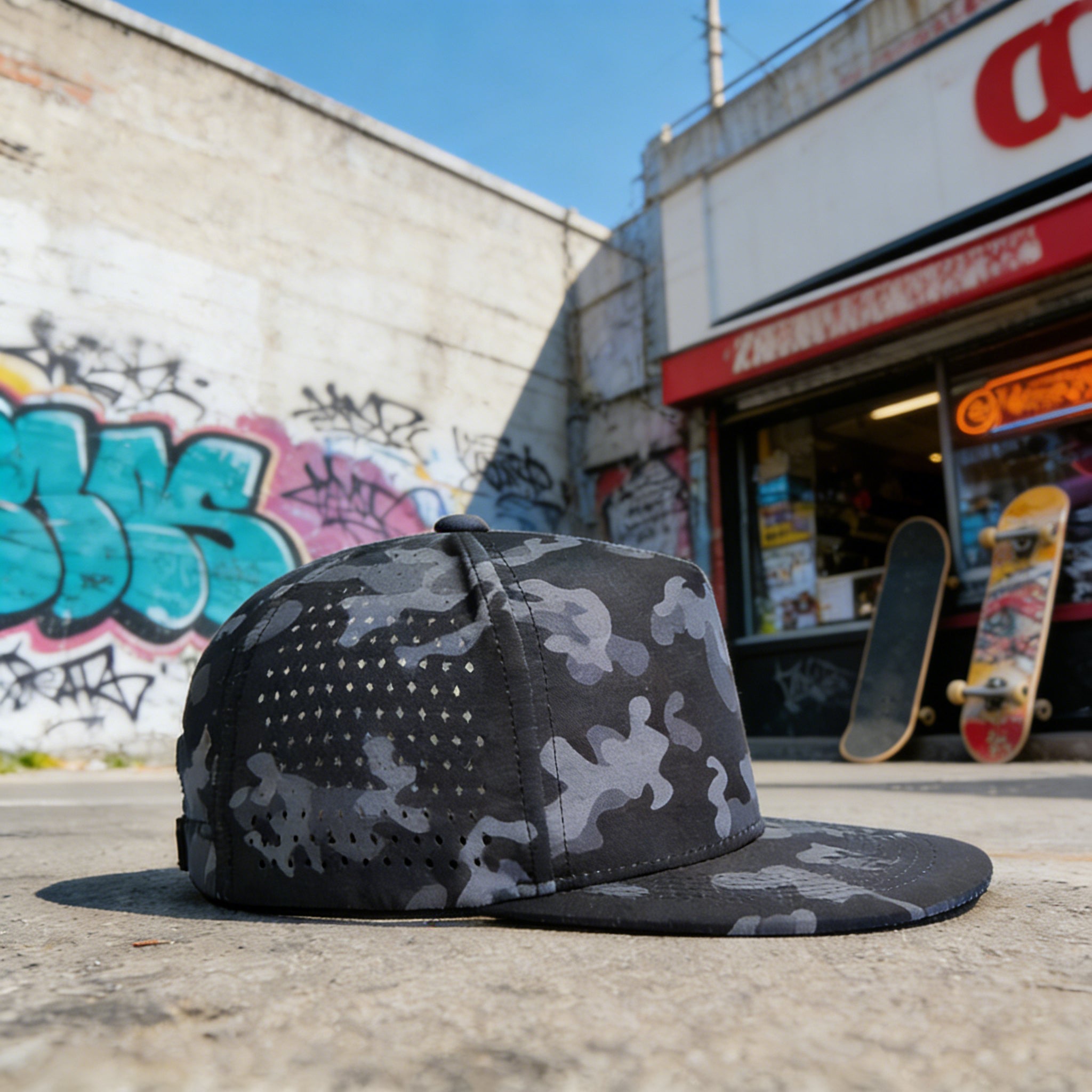 Wholesale Laser Perforated 5-Panel Flat Brim Snapback Cap Streetwear Hip-Hop Skate Hat Snapback Cap
