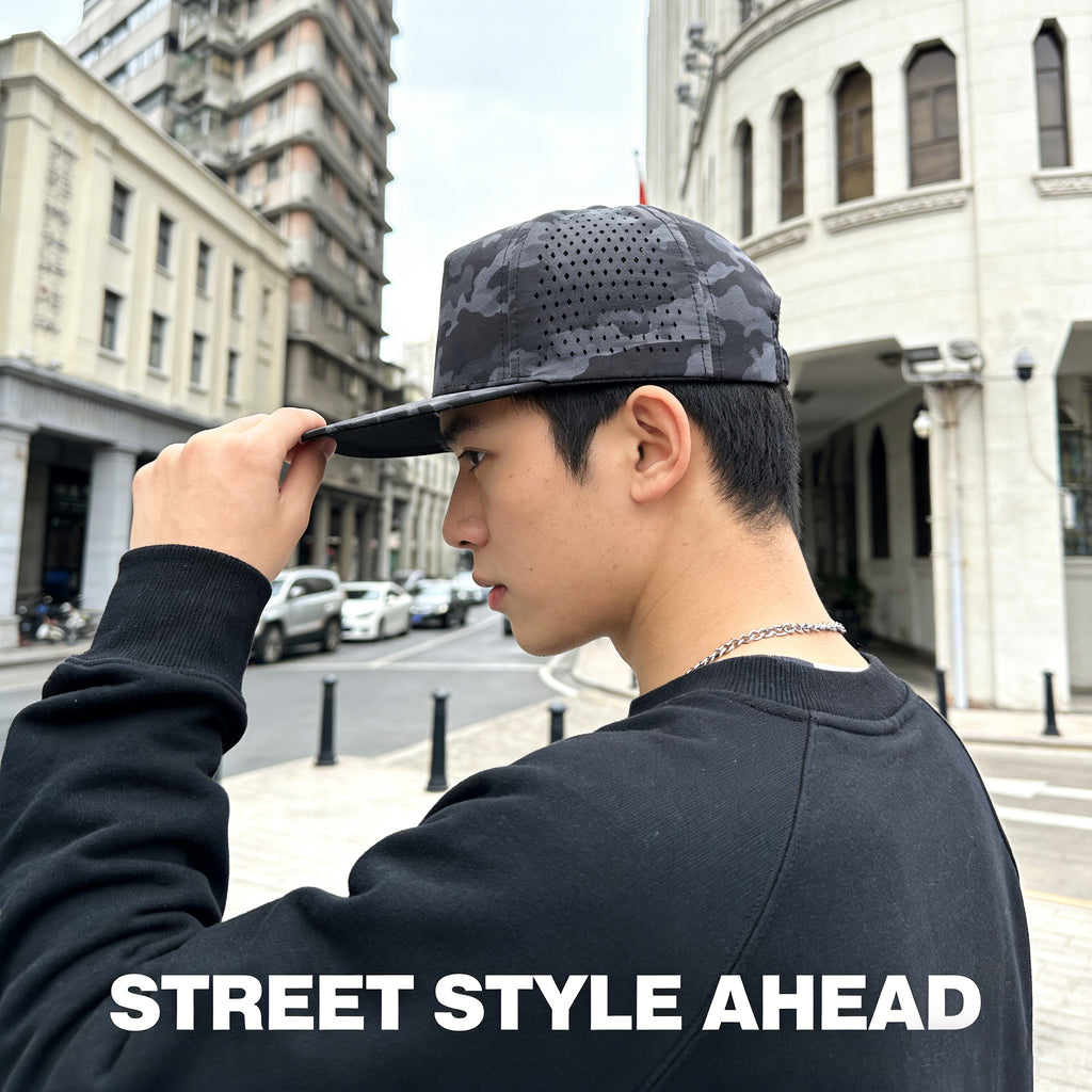 Wholesale Laser Perforated 5-Panel Flat Brim Snapback Cap Streetwear Hip-Hop Skate Hat Snapback Cap
